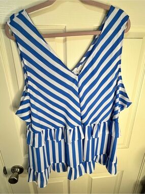 Cato Blue and White Striped V-Neck Ruffle Tank Sz 26/28